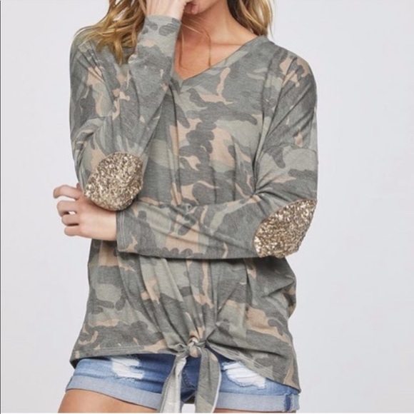 Bibi Tops - Camo tie front top with gold sequin elbow patches